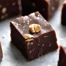 Fotografia de quadradinhos de chocolate com amendoim dentro.