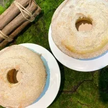 Fotografia em tons de verde com dois bolos de formato circular ao centro. Os bolos são feitos com base de creme de leite e polvilhados com açúcar e canela.