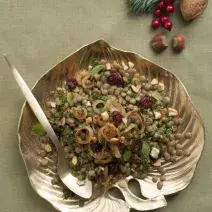 Fotografia em tons de verde em uma bancada de madeira com uma toalha verde, um prato de prata em formato de folha com a salada de lentilha, cebolas, salsa e ervas.