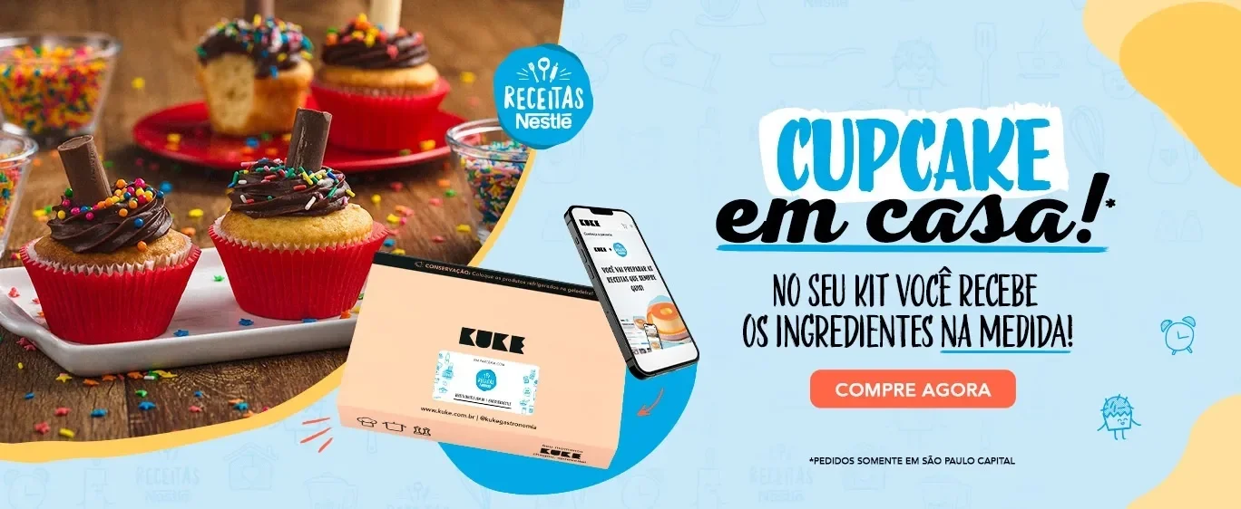 Imagem de um cupcake, um caixa kit e um celular com o título Cupcake em casa e um botão para comprar o kit com os ingrediente