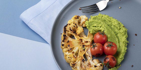 Couve-Flor Grelhado e Purê de Ervilha Dia Mundial Sem Carne: Couve-Flor Grelhado e Purê de Ervilha