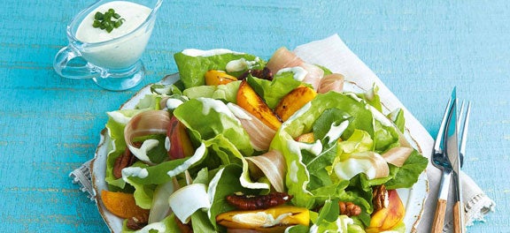 Salada de Pêssego Grelhado Creme de Leite Nestlé: Salada de Pêssego Grelhado