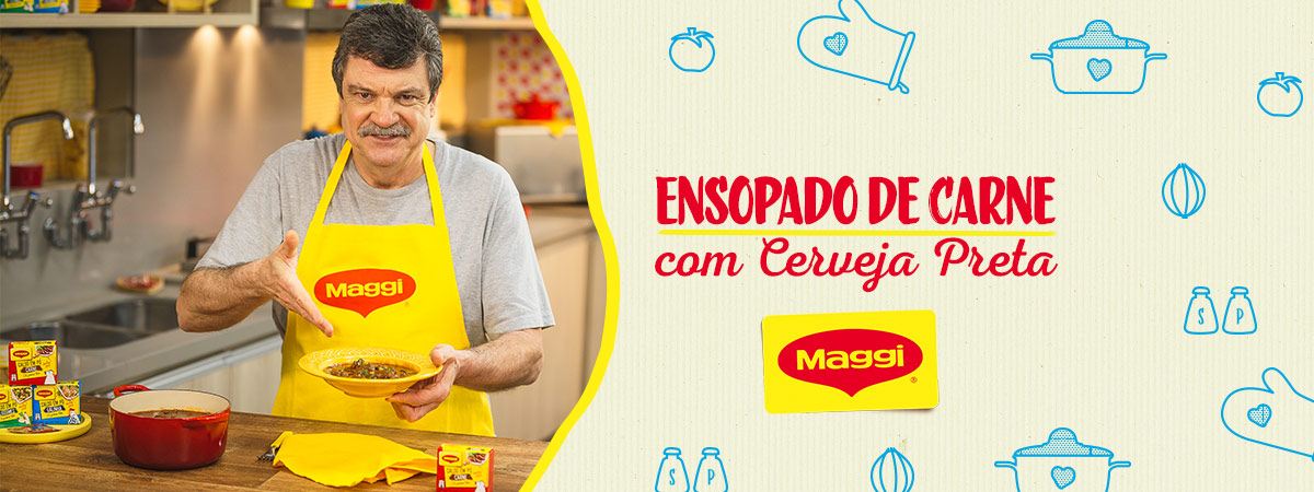 Ensopado de Carne com Cerveja Preta Imagem de um homem alto com bigode de avental segurando um prato amarelo e ao lado direito os dizeres e o logotipo de Maggi
