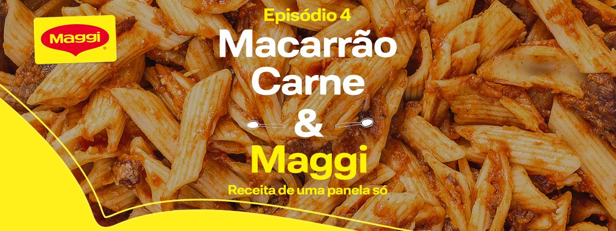 Macarrão com Carne Desfiada e Maggi Equillibrium Imagem aproximada de macarrão tipo penne com molho e os dizeres do programa com o logo de Maggi