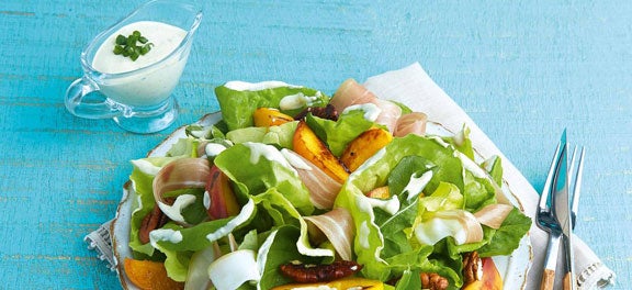 Salada de Pêssego Grelhado Frutas de Julho, Verduras de Julho: Salada de Pêssego Grelhado