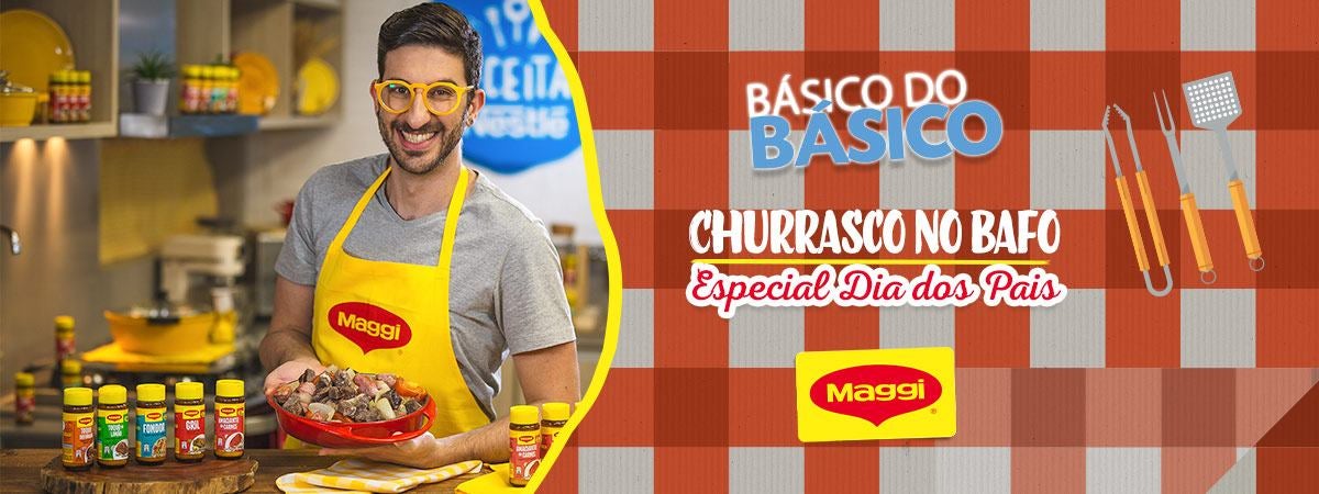 Churrasco no Bafo Imagem de um rapaz com avental amarelo, atrás da receita pronta em uma bancada e os dizeres com o conteúdo do vídeo e logos