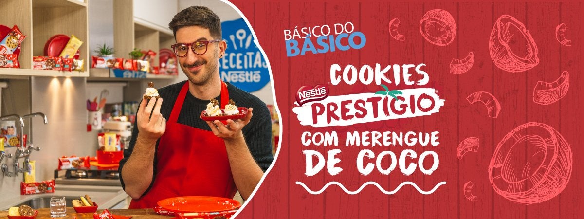 Cookie Prestígio com Merengue de Coco Imagem em tons de vermelho com um rapaz à esquerda segurando uma receita e à direita os dizeres com o nome do programa
