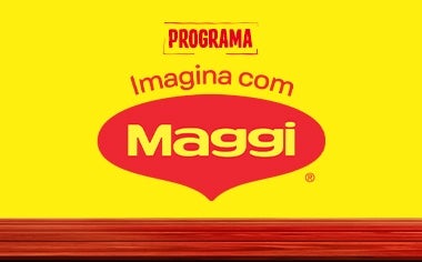 Imagem de um balão vermelho num fundo amarelo, nele está escrito MAGGI e em cima os dizeres PROGRAMA, IMAGINA e COM