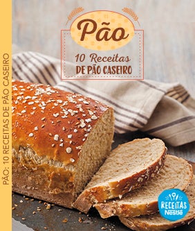 Recipe Imagem de um pão tipo de forma, com 2 fatias cortadas e o título pão: 10 receitas de pão caseiro Card Image