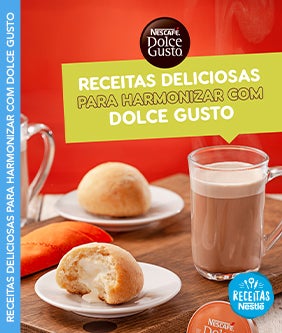 Recipe Imagem de um prato com um pão de batata e uma xícara de café ao lado, com o logo de Dolce Gusto Card Image