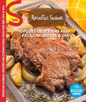 Recipe Imagem de uma forma com pedaços de bisteca e batatas, com o título Receitas Suínas e os logos de Sadia e Receitas Nestlé Card Image