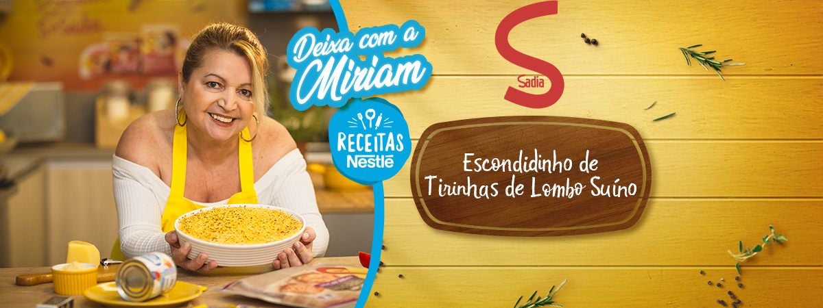 Escondidinho de Lombo Suíno Sadia Montagem com a foto de uma mulher loira com a receita à esquerda e os dizeres com nome da receita e marcas à direita