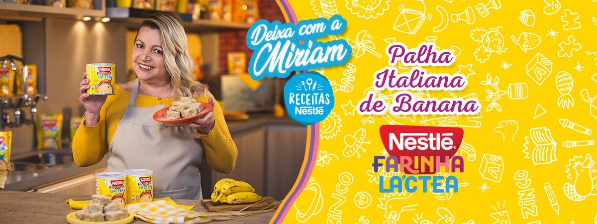Palha Italiana com Farinha Láctea Nestlé Montagem com uma imagem de uma mulher loira com um prato com doces e à direitas os dizeres com o nome do programa