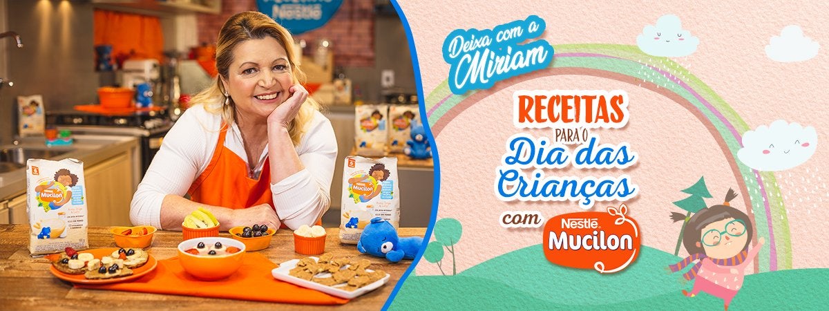 3 Receitas com Mucilon para o Dia das Crianças Imagem de uma mulher de cabelos loiros atrás de uma mesa à esquerda e os dizeres do programa com desenhos à direita
