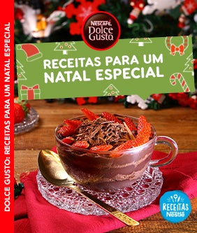 Recipe Imagem de uma taça com uma sobremesa decorada com morangos, decoração natalina ao fundo e o logo de Dolce Gusto Card Image