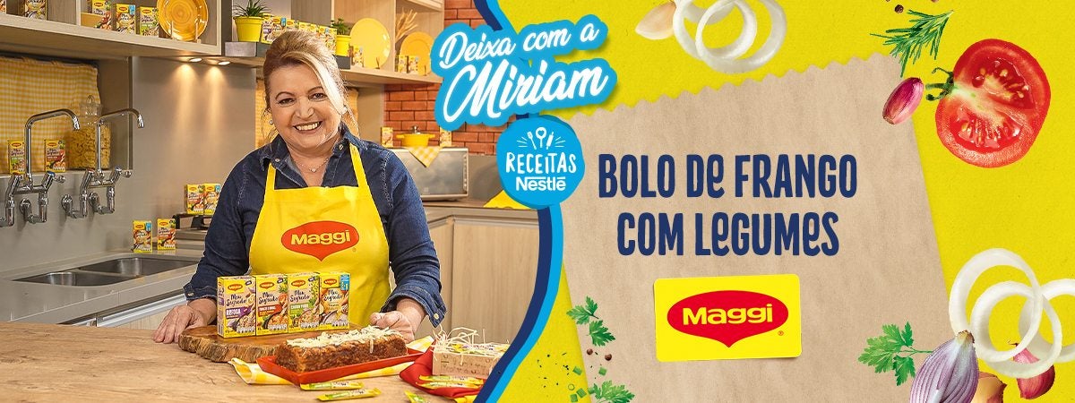 Bolo de Frango com Legumes Imagem de uma mulher de cabelos loiros com uma receita na mão e ao lado direito os dizeres com o nome do programa e o logo