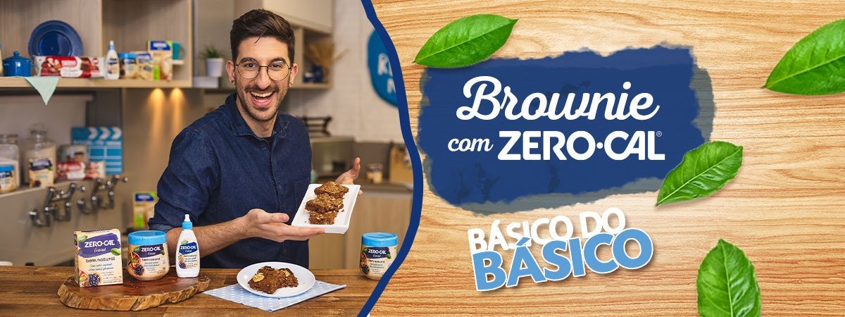 Brownie com Zero-Cal Montagem de um menino com camisa azul segurando um brownie e os dizeres do programa ao lado direito com a logomarca