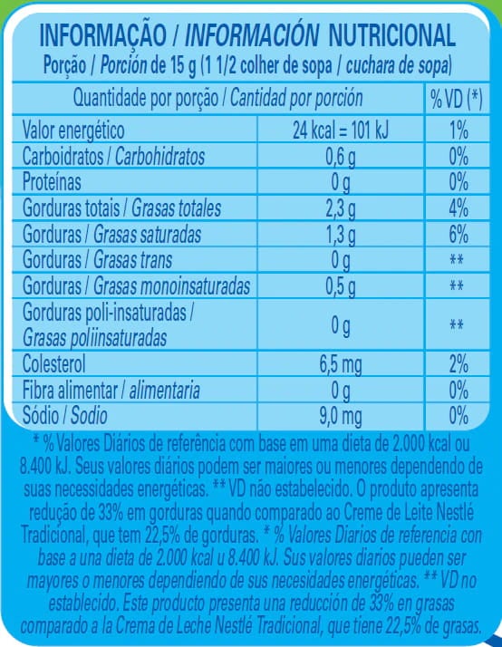 Creme de Leite Nestlé Light Informações Nutricionais