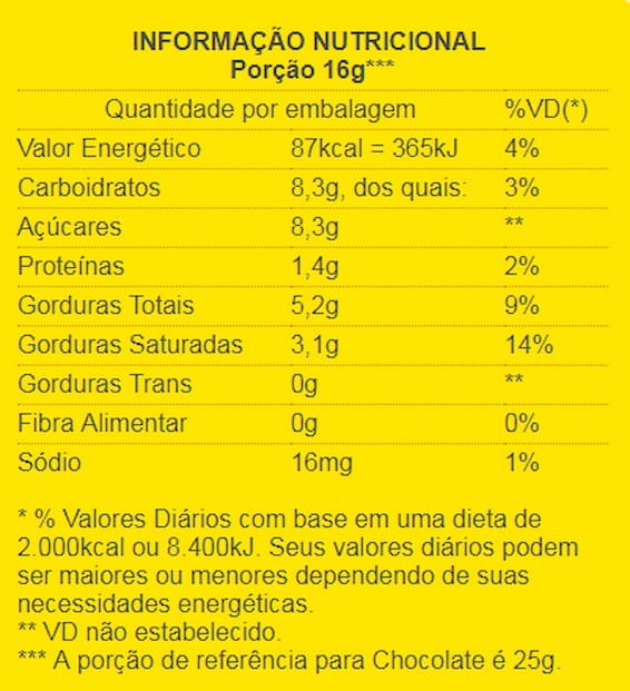 Baton Chocolate ao Leite: Informações Nutricionais