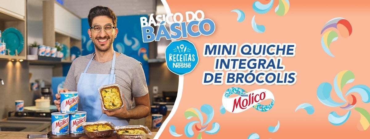 Mini Quiche Integral de Brócolis Montagem de um menino com avental azul e os dizeres do programa ao lado direito com a logomarca