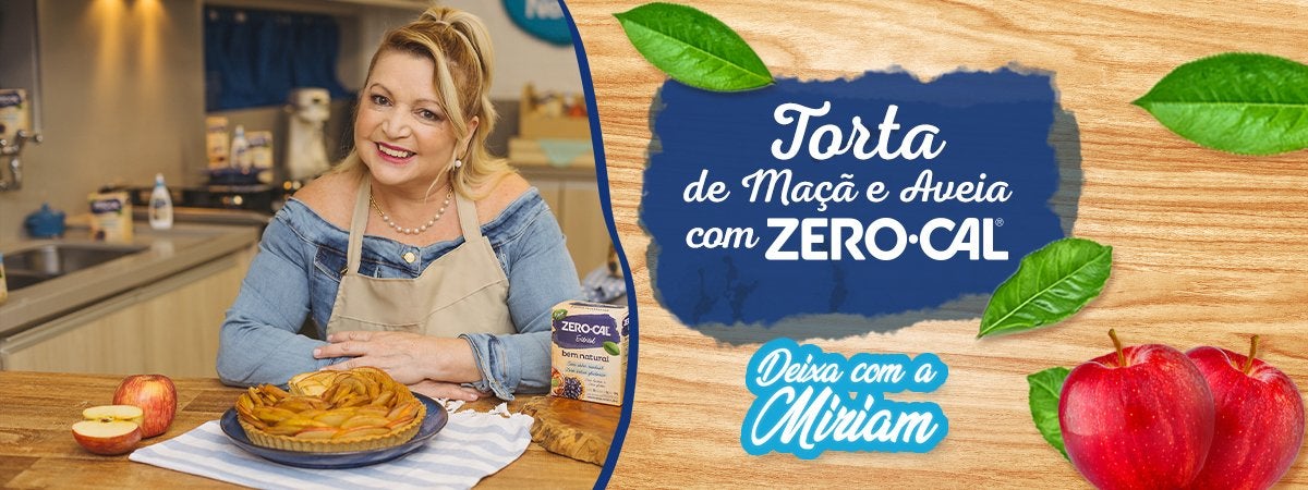 Torta de Maçã e Aveia com Zero-Cal Montagem de uma mulher com camisa jeans e os dizeres do programa ao lado direito com a logomarca