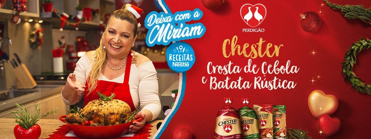 Chester Crosta de Cebola e Batata Rústica Montagem de uma mulher com camisa branca e avental vermelho e os dizeres do programa ao lado direito com a logomarca