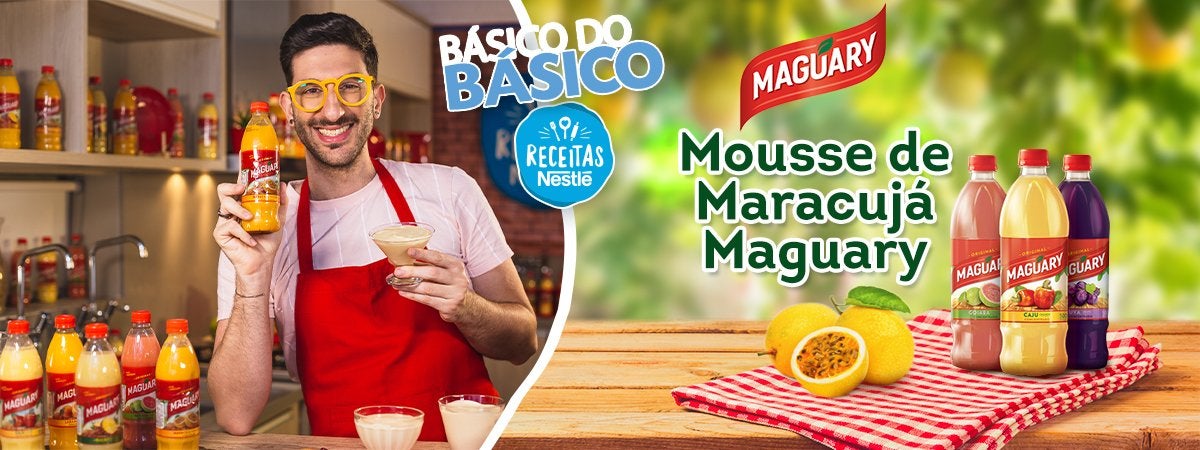Mousse de Maracujá Maguary Montagem com um rapaz de óculos amarelos segurando uma taça à esquerda e os dizeres do programa num fundo verde à direita