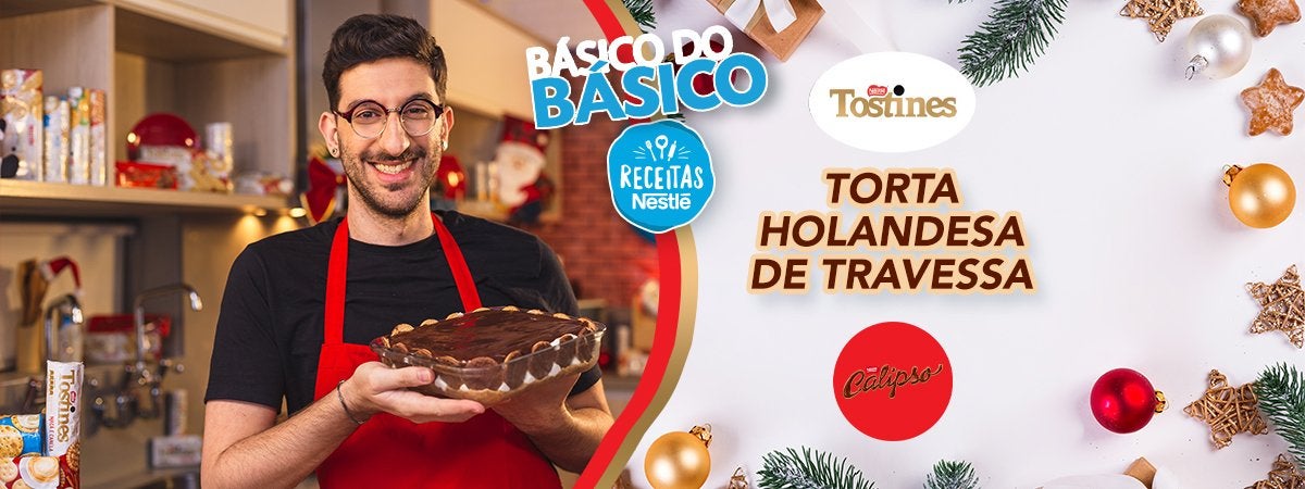 Imagem de um rapaz à esquerda com um doce feito em uma travessa e num ambiente de natal e à direita os dizeres do programa