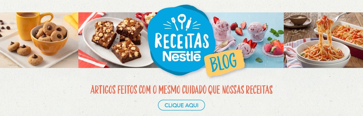 Contém a foto de diversas receitas e ao centro o logo de Receitas Nestlé em tons azul e branco 