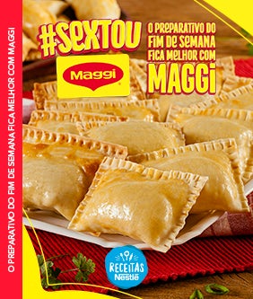Recipe Foto de diversos pasteis em fileira e um texto escrito? #Sextou e o logo da marca Maggi. Card Image