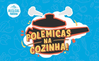 Imagem composta por um fundo em tom azul claro com um desenho ao centro em que se lê Polêmicas na Cozinha em branco e preto