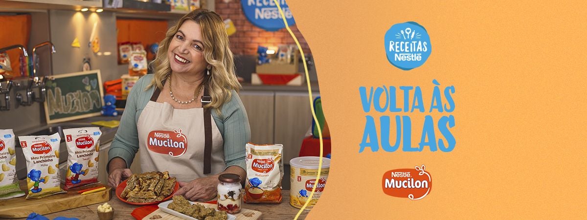 Volta às aulas com Mucilon Imagem de uma mulher loira mostrando três receitas infantis e ao lado direito os dizeres do programa e as logomarcas.