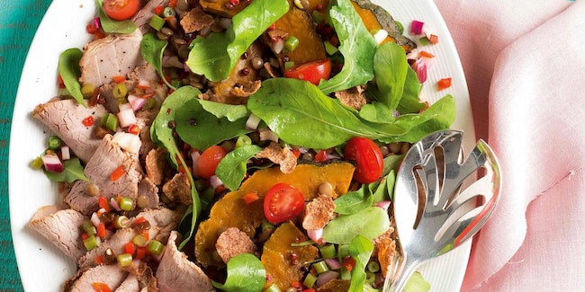 Comidas simples: Salada De Abóbora Com Carne Assada E Vinagrete De Vegetais