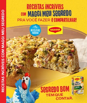 Recipe E-book tem tons de amarelo e vermelho com a imagem de uma receita de torta de legumes e o mascote da marca ao lado Card Image