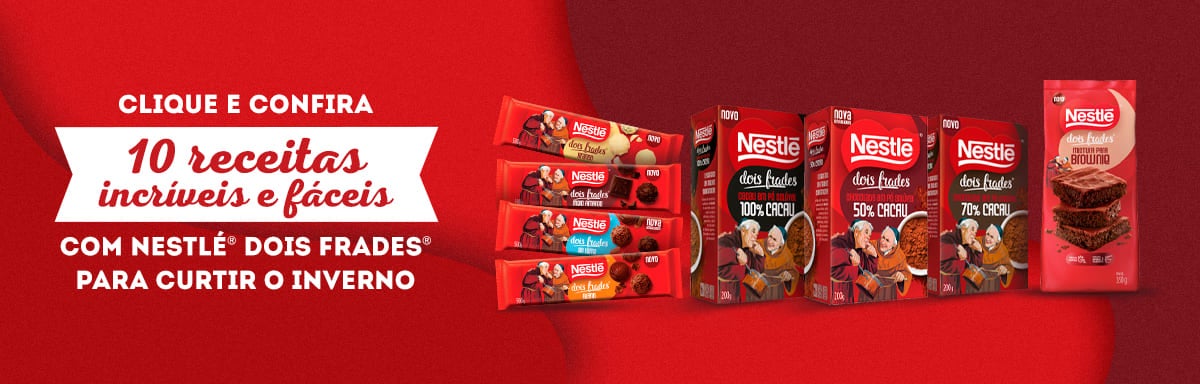 Banner em tons de vermelho com a imagem ilustrativa dos produtos de chocolates Nestlé Dois Frades 