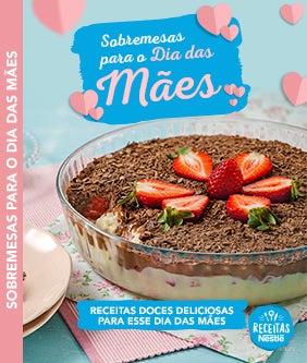 Recipe Ebook em tons de azul e rosa, com a fotografia de uma sobremesa com chocolate e morango com uma chamada acima Card Image