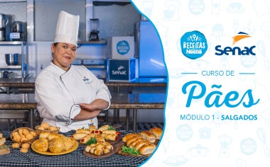 Módulo 1 - Pães Salgados Montagem com a imagem de uma chefe com uniforme branco à esquerda e à direita o título do módulo de pães salgados