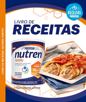 Recipe banner em tons de branco e azul com uma chamada para livros de receitas e a imagem ilustrativa de uma lata de Nutren Card Image