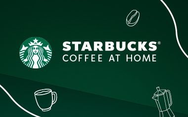 Imagem em fundo verde escuro com alguns elementos de café e a escrita de Starbucks Coffee At Home em branco.