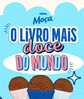 Recipe Capa em tons de azul com 3 brigadeiros ilustrativos com a chamada de: O Livro Mais Doce do Mundo Card Image