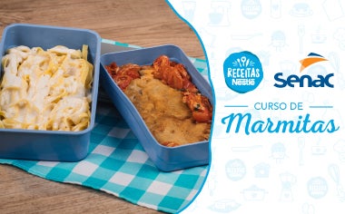 Montagem com a imagem de uma receita de torta de limão à esquerda e à direito o título do curso e os logotipos das marcas