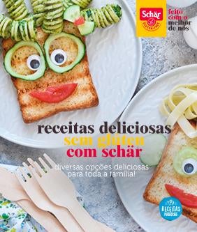 Recipe Imagem de um prato com um sanduíche com carinha e logos de Schär e Receitas Nestlé Card Image