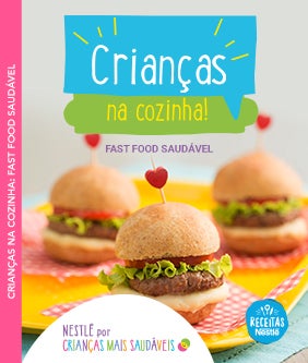 Imagem bem colorida de mini hambúrgers acompanhado dos textos Crianças na Cozinha e Fast food saudável