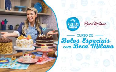 Montagem com uma foto de da chef à esquerda e à direita com o nome do curso e os logos de Receitas Nestlé e Beca Milano
