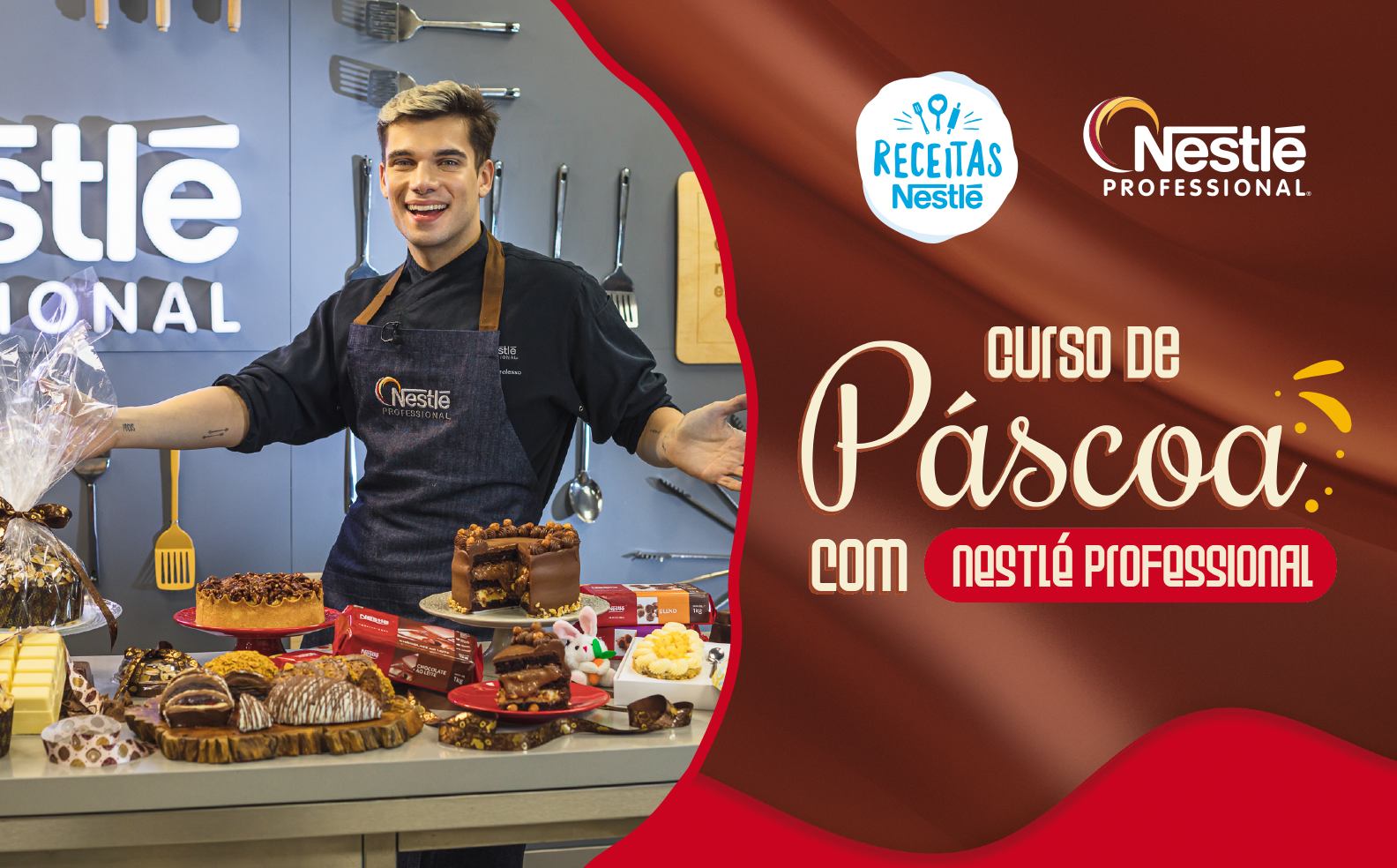 Montagem com a imagem de um rapaz loiro à esquerda, atrás de uma bancada com receitas, com o nome do curso à direita e os logos