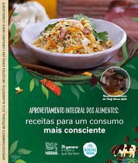 Imagem de uma receita de farofa com um fundo verde, uma imagem do Chef Edson Leite 