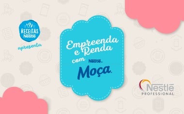 Foto central com a imagem da apresentadora do curso segurando uma lata de Leite Moça e logo abaixo o título da aula