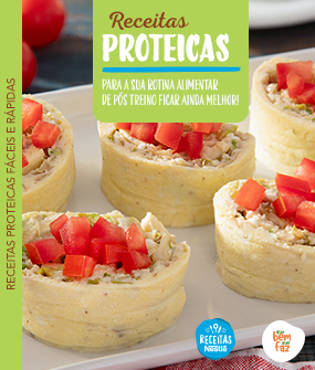 Recipe Imagem com o texto: Receitas Proteicas Para a sua rotina alimentar de pós treino ficar ainda melhor! e foto de uma receita Card Image