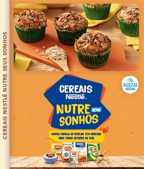  Imagem de uma receita em um fundo alaranjado com o texto: Cereais Nestlé Nutren Seus Sonhos