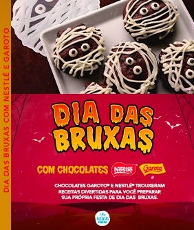 Imagem de uma das nossas receitas com um fundo vermelho e o texto: Dia das Bruxas com Nestlé e Garoto